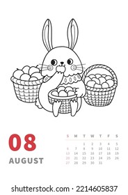 August 2023 calendar vertical page. Bunny eating apple. Outline cartoon character, coloring book template for children activity. Chinese rabbit, traditional symbol of year.