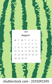 August 2023 calendar. Watermelon print on summer calendar.  Calendar design vector illustration, Poster, green cover design,  advertisement, printing media
