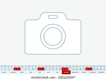 August 2023 for desk calendar, one line vector template calendar in English.