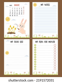 August 2023. Farm calendar planner with cute rabbit with sickle and spikelets, harvesting. Vector set of vertical page a4 templates to-do list, my plan and notes. Week from Monday, in English