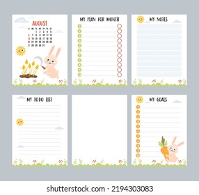 August 2023. Farm calendar planner with cute rabbit with sickle and spikelets, harvesting. Vector set of vertical page templates to-do list, my plan and notes. Week from Sunday in English