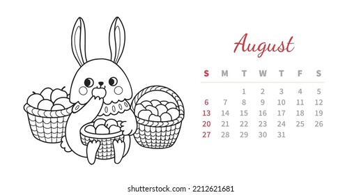 August 2023 horizontal calendar page with cute outline bunny. Rabbit eating apple fruit, harvest season. Chinese new year symbol. Coloring book vector illustration.