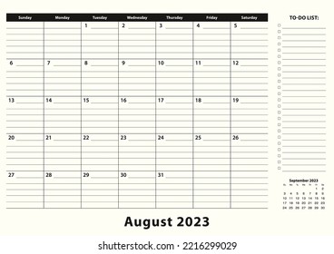 August 2023 Monthly Business Desk Pad Calendar. August 2023 calendar planner with to-do list and place for notes in black and white design.