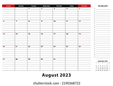 August 2023 Monatliche Desk Pad Kalenderwoche beginnt am Sonntag, Größe A3. August 2023 Kalender-Planer mit To-do-Liste und Ort für Notizen.