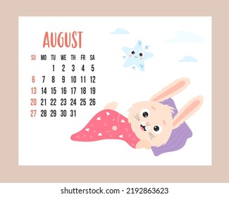 August 2023 planner calendar. Cute night rabbit in pajamas lies on pillow on white background with star with clouds. Vector illustration. horizontal Template. Week from Sunday In English