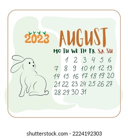 August 2023 with a rabbit in cartoon style, Calendar for August in cartoon style with cute Bunny, numbers 2023 in the form of carrots