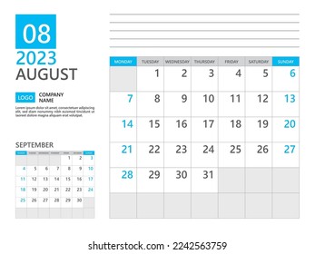 Plantilla de agosto de 2023, Calendario planificador 2023, semana de inicio el lunes, calendario de presentación 2023 año, planificación simple y diseño limpio, diseño de calendario de pared, plantilla de planificador corporativo, plantilla de negocio