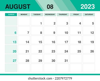 Plantilla de agosto de 2023, vector de plantilla de Calendario 2023, diseño mensual de planificación, calendario de escritorio 2023, diseño de calendario de pared, estilo mínimo, publicidad, póster, medios de impresión, concepto de fondo verde