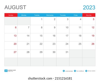 August 2023 template-Calendar 2023 design , Desk Calendar 2023 template, Planner simple, Week starts Sunday, Stationery, Wall calendar, printing, advertisement, vector illustration