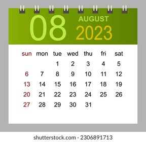 August 2023. Vector monthly calendar template 2023 year in simple style for template design. Week starts from Sunday.