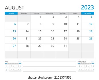 August 2023 year, Calendar planner 2023 and Set of 12 Months, week start on Sunday. Desk calendar 2023 design, simple and clean design, Wall calendar, Corporate design planner template vector