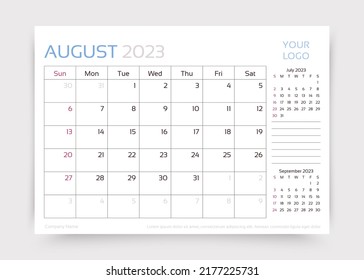 August 2023 year calendar. Planner calender template. Week starts Sunday. Desk monthly organizer. Timetable layout. Corporate diary. Table schedule grid. Vector simple illustration. Paper size A5