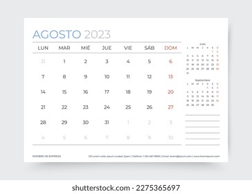 August 2023 year calendar in Spanish. Planner calender template. Week starts Monday. Desk monthly organizer. Timetable layout. Corporate diary. Table schedule grid. Vector illustration. Paper size A5