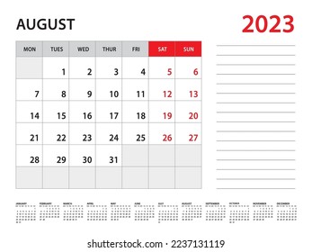 Agosto de 2023 año - Calendario 2023 vector de plantilla, semana de inicio en lunes, calendario de escritorio 2023 año, diseño de calendario de pared, plantilla de planificador corporativo, Stationery, diario de organizadores, vector