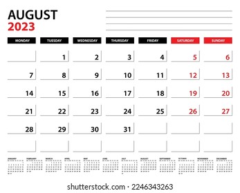 August 2023 year planner template, calendar 2023 template, monthly and yearly planners. organizer diary. week start monday, corporate planner template, Desk calendar 2023, Vector illustration