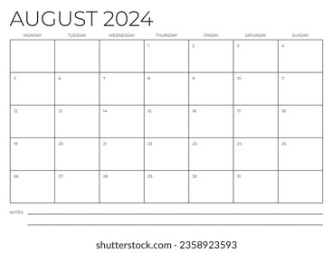 August 2024 A4 Calendar Template. Monday to Sunday. Blank Calendar. Stationery design. Vector illustration.