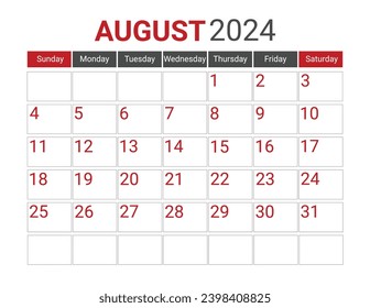 August 2024 Black and Red Monday Start Landscaped Monthly Planner, Monday Start Calendar 2024, Landscape Organizer, 2024 Monthly Event Planner, 2024 Editable Monday Start Calendar