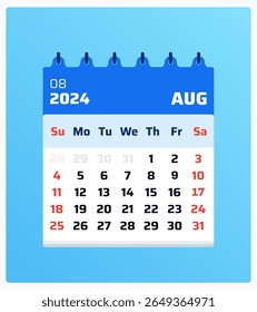 August 2024 calendar. Blue calendar portrait. 2024 Weekend on sunday and saturday. Clean format. Monthly planner layout august 2024. Vector illustration
