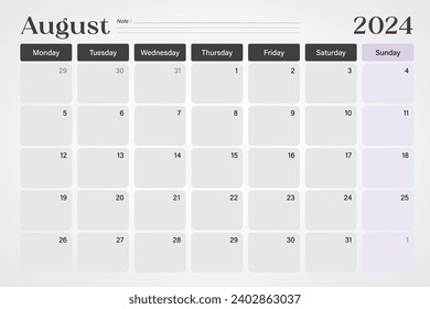 August 2024 calendar or desk planner in soft gray and purple colors with empty note lines, weeks start on Monday, vector illustration design