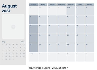 August 2024 calendar desk planner with space for your picture, weeks start on Sunday,  simple white and gray theme, vector design