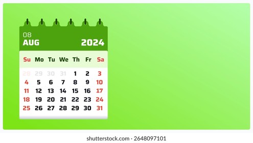 Calendário de agosto de 2024. Paisagem do calendário verde. 2024 Weekend segue domingo-sábado. Projeto de layout do calendário de agosto. Ilustração vetorial.