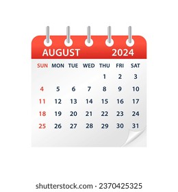 August 2024 Calendar Leaf. Calendar 2024 in flat style. Calendar 2024 week start Sunday corporate design planner template. Wall calendar. Vector illustration