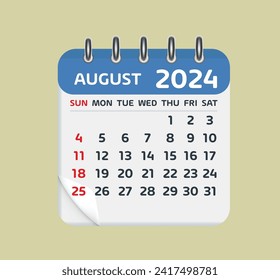 August 2024 Calendar Leaf. Calendar 2024 in flat style