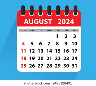 August 2024 Calendar Leaf. Calendar 2024 in flat style. August 2024 Calendar. Week starts on Sunday. Blank Calendar Template. Stationery Design. Vector Illustration