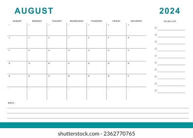 August 2024 calendar. Monthly planner template. Sunday start. Vector design