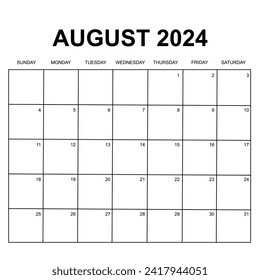 August 2024 Kalender. Druckbares einfaches und sauberes Kalenderdesign. Die Woche beginnt am Sonntag. 