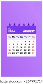 August 2024 calendar. Purple calendar story. 2024 Weekend set sunday and saturday. Page layout. Date format for august 2024 calendar. Vector illustration