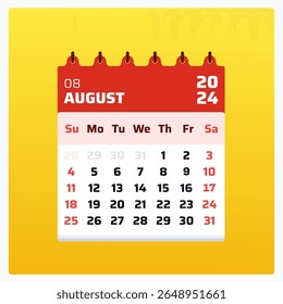 August 2024 calendar. Red calendar square. 2024 Weekend placed sunday to saturday. Monthly planning template. August calendar grid format. Vector illustration.


