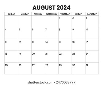 AUGUST 2024 calendar start from SUNDAY