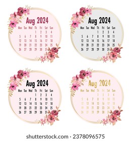 Plantilla del calendario de agosto de 2024. Calendario 2024. Plantilla del calendario anual 2024 con floral.