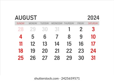 August 2024 calendar template. Layout for August 2024. Printable monthly planner. Desk calendar design. Start of the week on Sunday