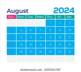  August 2024 Calendar. 2024 Calendar vector illustration. Wall Desk Calendar Vector Template, Simple Minimal Design. Wall Calendar Template For August 2024