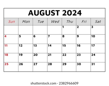 Calendario de agosto de 2024. Ilustración vectorial. Planificación mensual para sus eventos de negocios