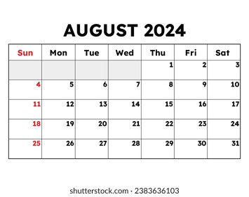 Calendario de agosto de 2024. Ilustración vectorial. Planificación mensual para sus eventos de negocios