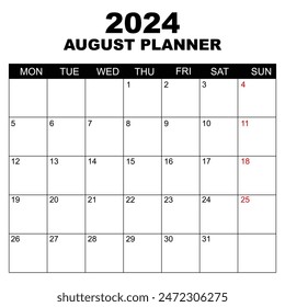 August 2024 Calendar. Week starts on Monday. Blank Calendar Template. Fits Letter Size Page. Stationery Design. Simple set calendar 2024. Monthly calendar template.