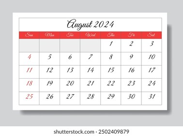 August 2024 ENGLISH month calendar. Vector printable illustration. Monthly planning for your events