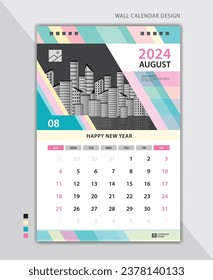 August 2024 layout, Wall calendar 2024 template pastel creative backgrounds, Desk calendar 2024 design, poster, planner, Calendar date, Week starts on Sunday, Stationery, vertical page, vector