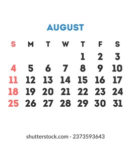 Calendario mensual de agosto de 2024. Ilustración vectorial.