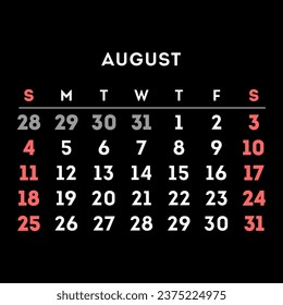 Monat August 2024. Vektorgrafik.