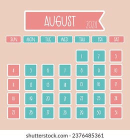 August 2024 monthly calendar design with thin font where week starts from sunday