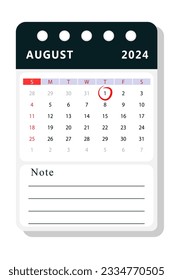 August 2024 note calendar template. Vector design