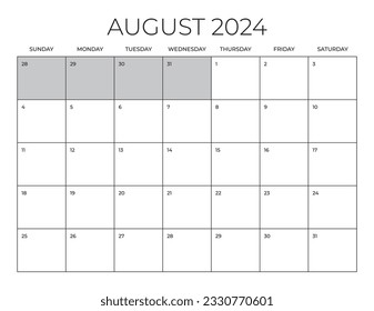 August 2024 Office Calendar, Blank Calendar Template, Home Office Monthly Planner, Letter Size Calendar