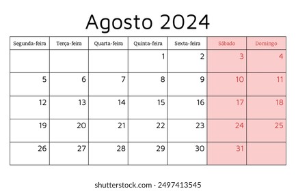 Calendario portugués agosto 2024 - Agosto. Ilustración vectorial. Planificación mensual de su negocio en Portugal
