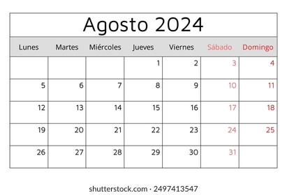 August  2024 SPANISH calendar - Agosto. Vector illustration. Monthly planning for your business in Spain
