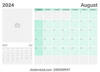 August 2024 table calendar or desk planner with space for your picture, vector design, weeks start on Sunday