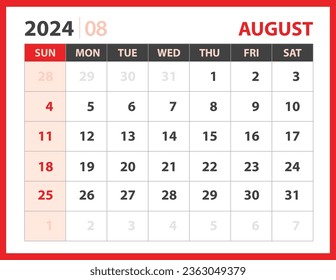 August 2024 template, Calendar 2024 design vector, planner layout, Week starts Sunday, Desk calendar 2024 template, Stationery. Wall calendar on red background, vector eps 10